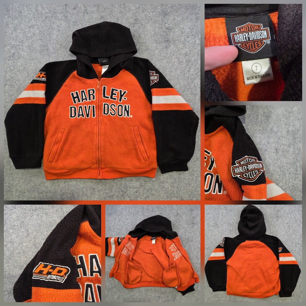 Harley-Davidson Hoodie Kids 7 Orange Black Fleece Full Zip Motorcycle Logo